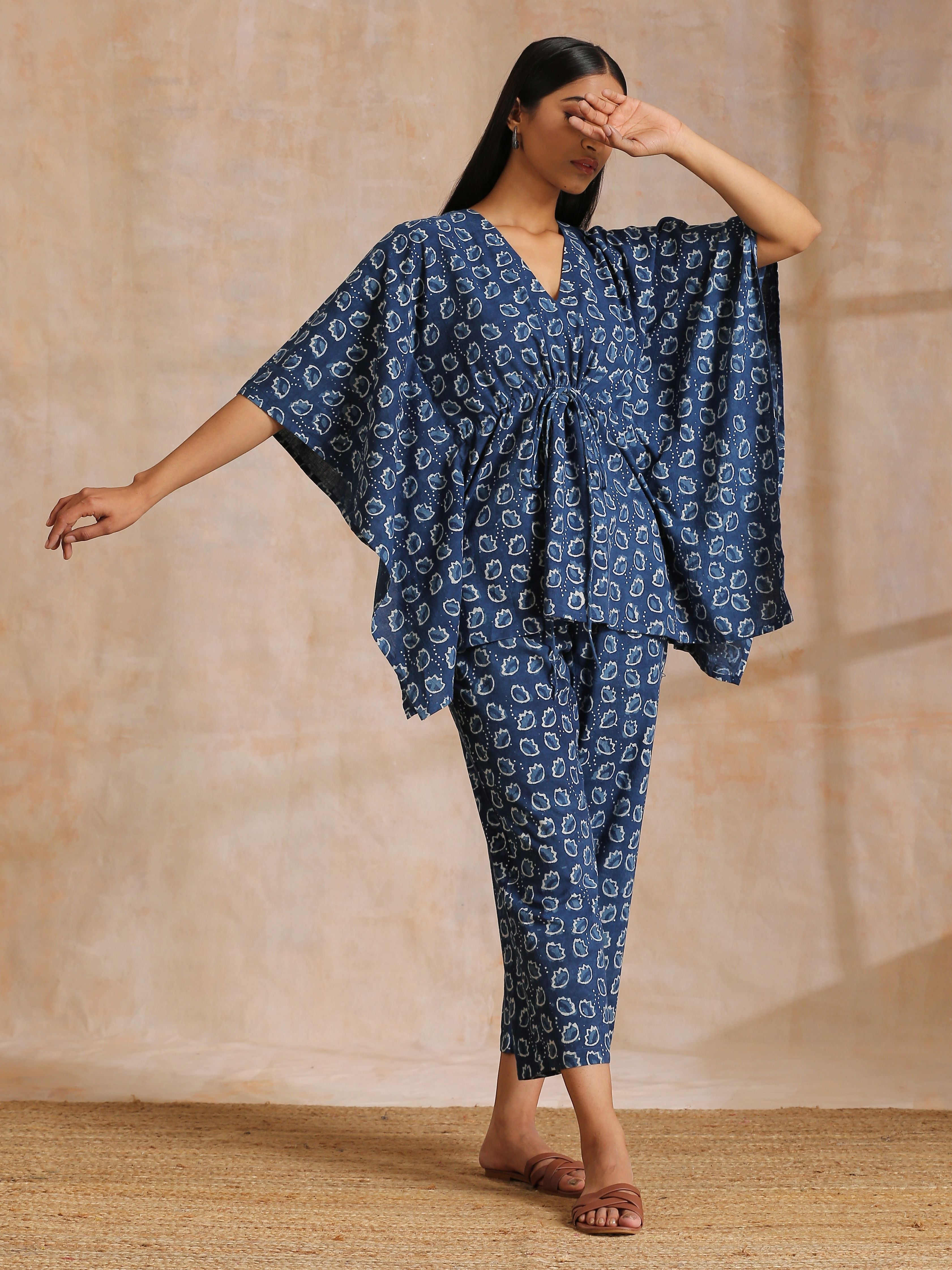 trueBrowns Indigo Dabu Floral Print Cotton Kaftan Co-Ord Set - Distacart