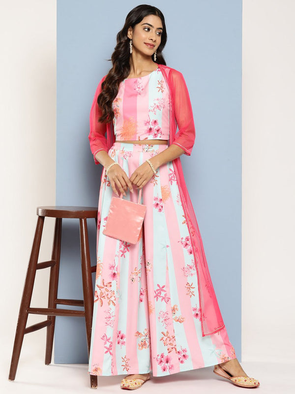 Ahalyaa Women Floral Printed Top with Palazzos & Shrug - Distacart