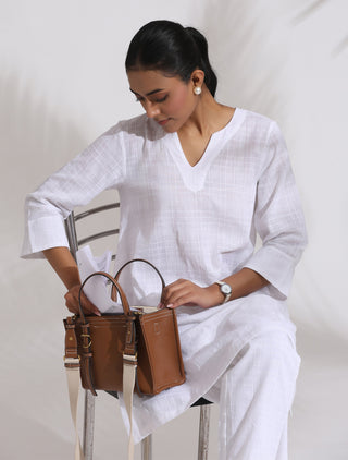 trueBrowns White Cotton Check Kurta Co-ord Set - Distacart