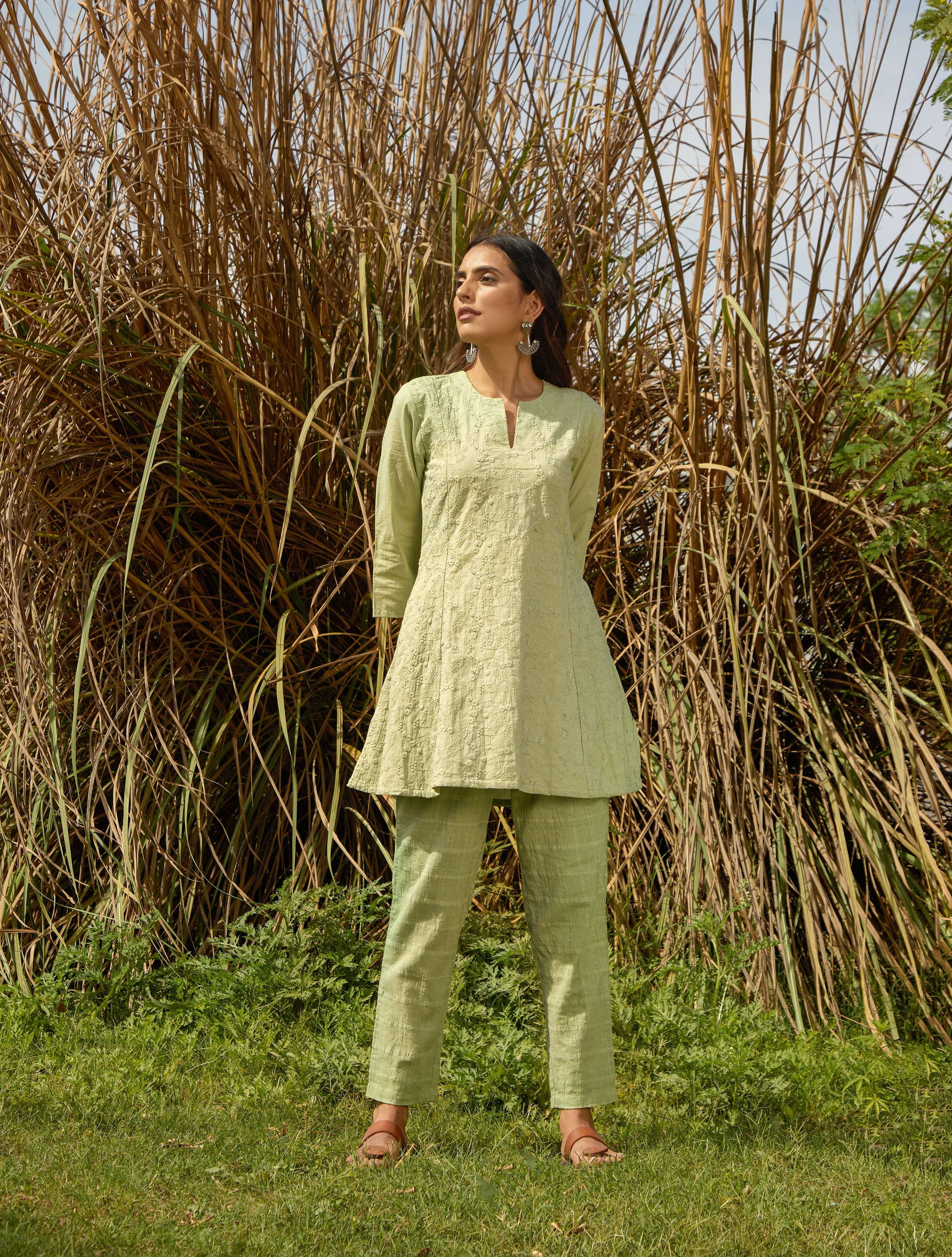 trueBrowns Green Cotton Embroidered Co-ord Set - Distacart