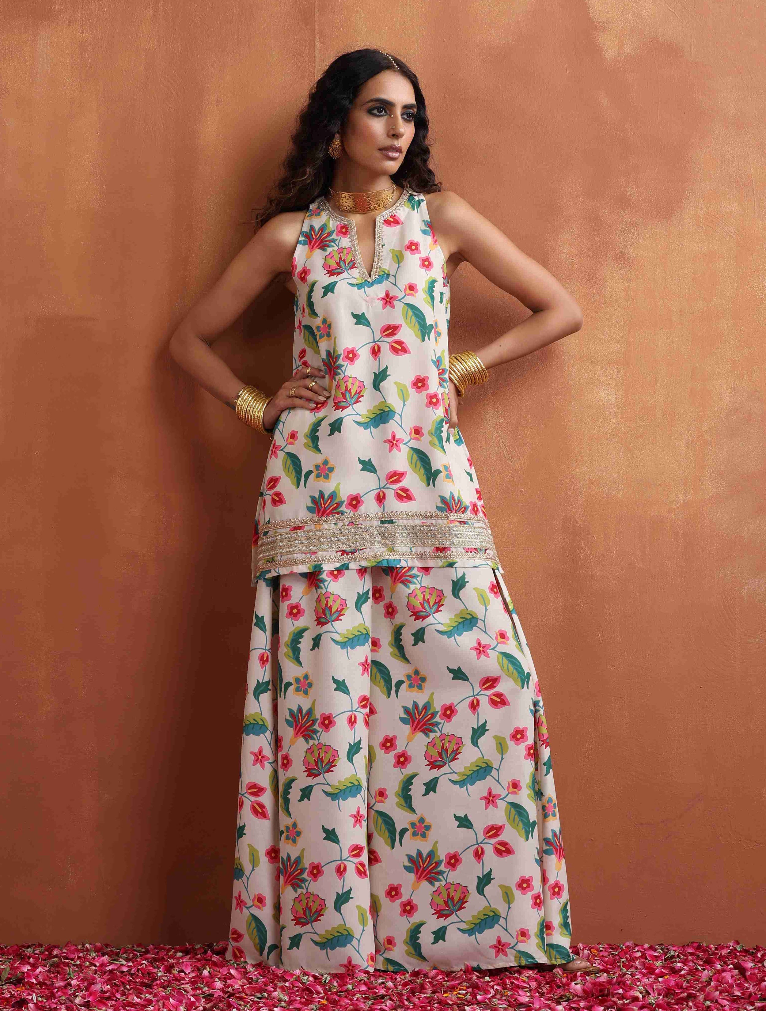 trueBrowns Off White Print Sharara Set - Distacart