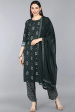 Thumbnail for Ahika Dark Green Poly Crepe Floral Printed Straight Suit Set