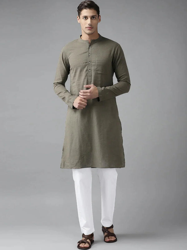 Fabmade Men Khaki Cotton Linen Kurta Pyjama