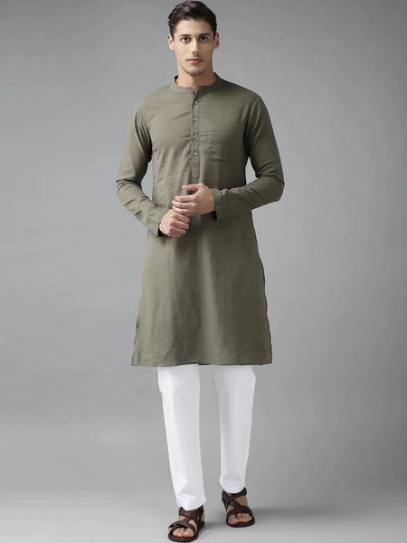 Fabmade Men Khaki Cotton Linen Kurta Pyjama