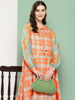 Ahalyaa Checked Tie-Up Neck Sequined Ethnic A-Line Midi Dress - Distacart