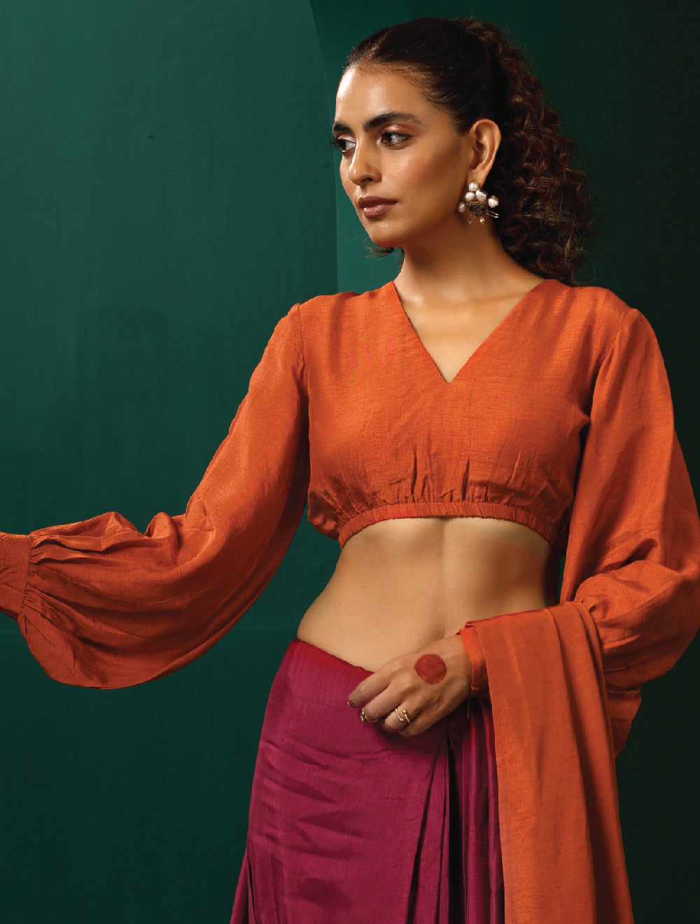 trueBrowns Rust Silk Gathered Sleeve Blouse - Distacart