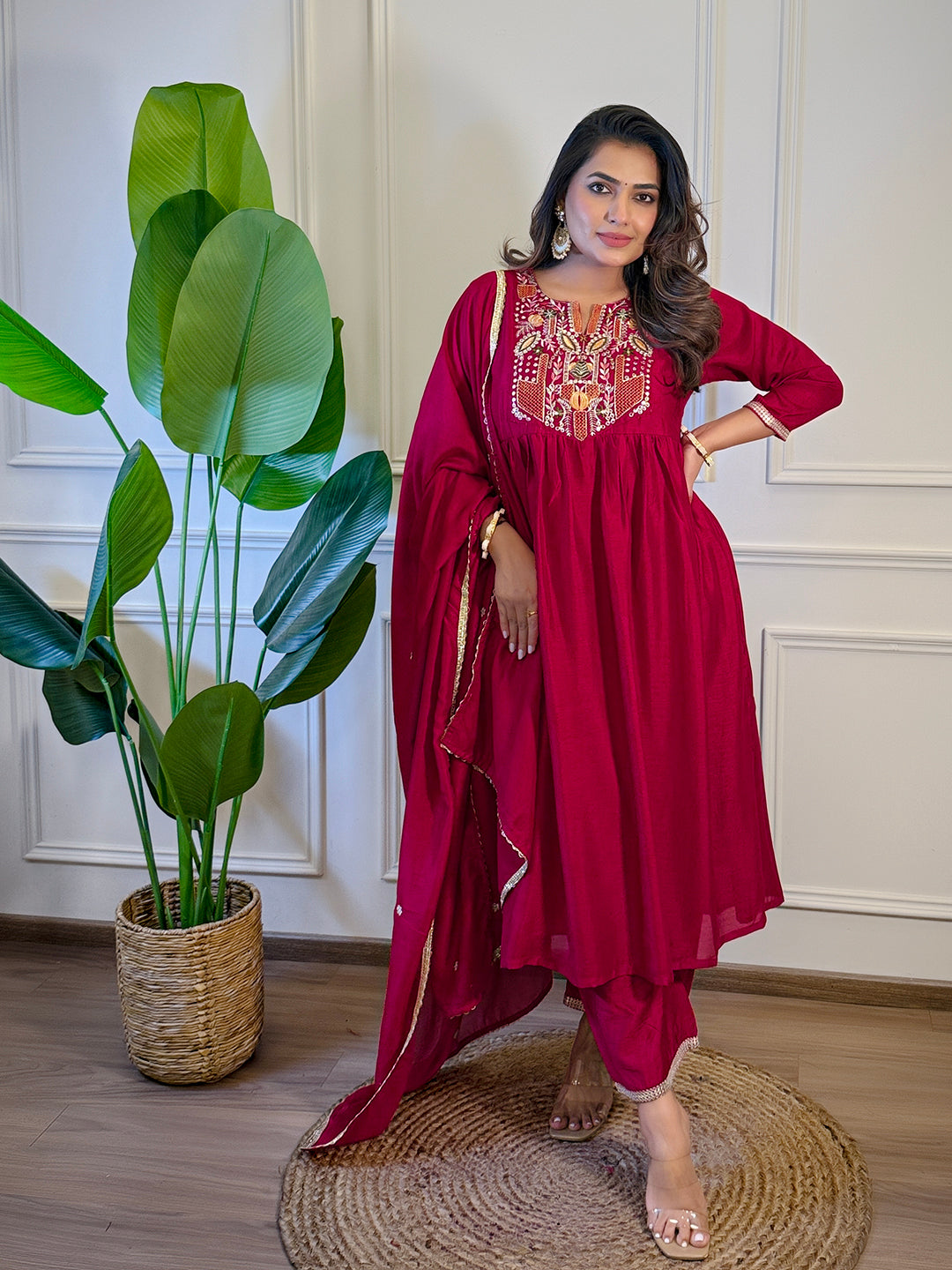 The52 Women's Gorgeous Vichitra Silk Embroidery Flared Kurta with Palazzo And Dupatta Set