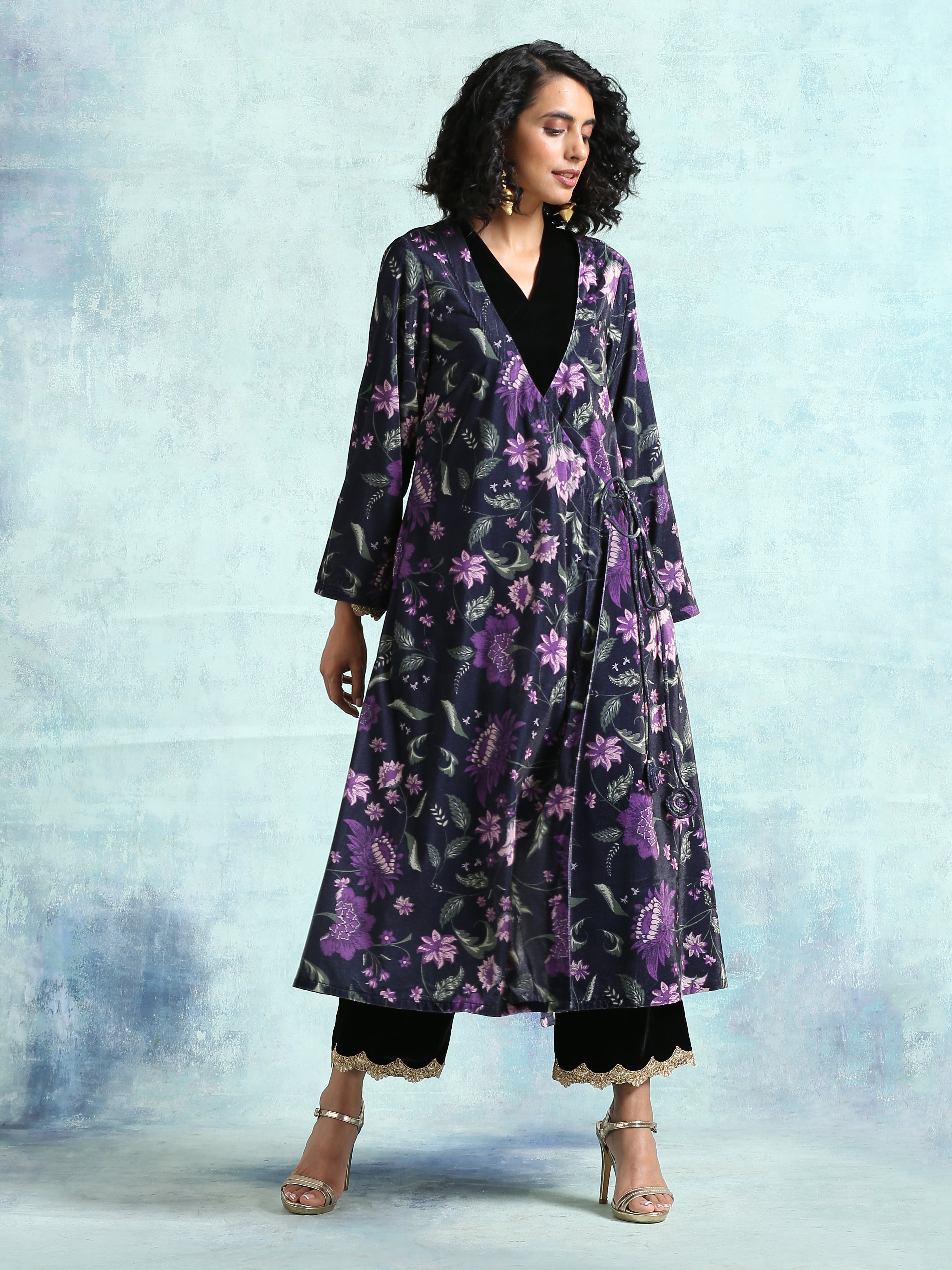 trueBrowns Black Printed Velvet Angrakha Jacket - Distacart