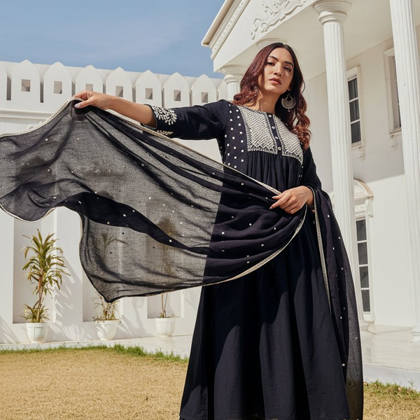 BulBul Abhilasha Cotton Black Kurta Set with Dupatta