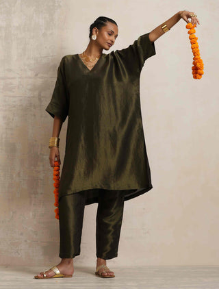 trueBrowns Olive Green Tissue Kurta Co-ord Set - Distacart