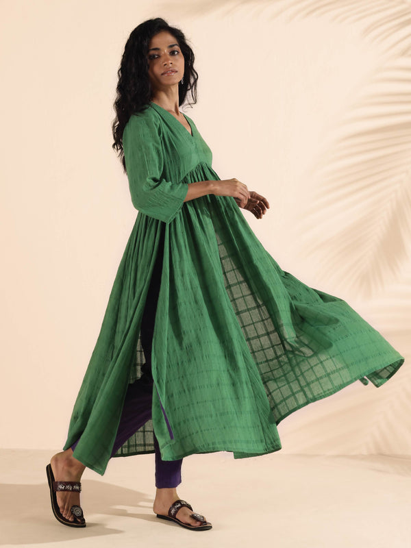 trueBrowns Green Cotton Dobby Flared Kurta Pant Set - Distacart