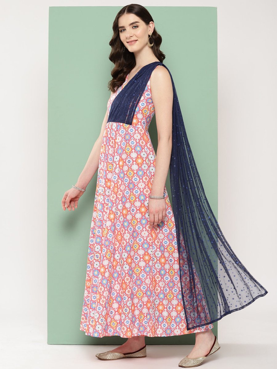 Ahalyaa Abstract Printed Empire Ethnic Dress - Distacart