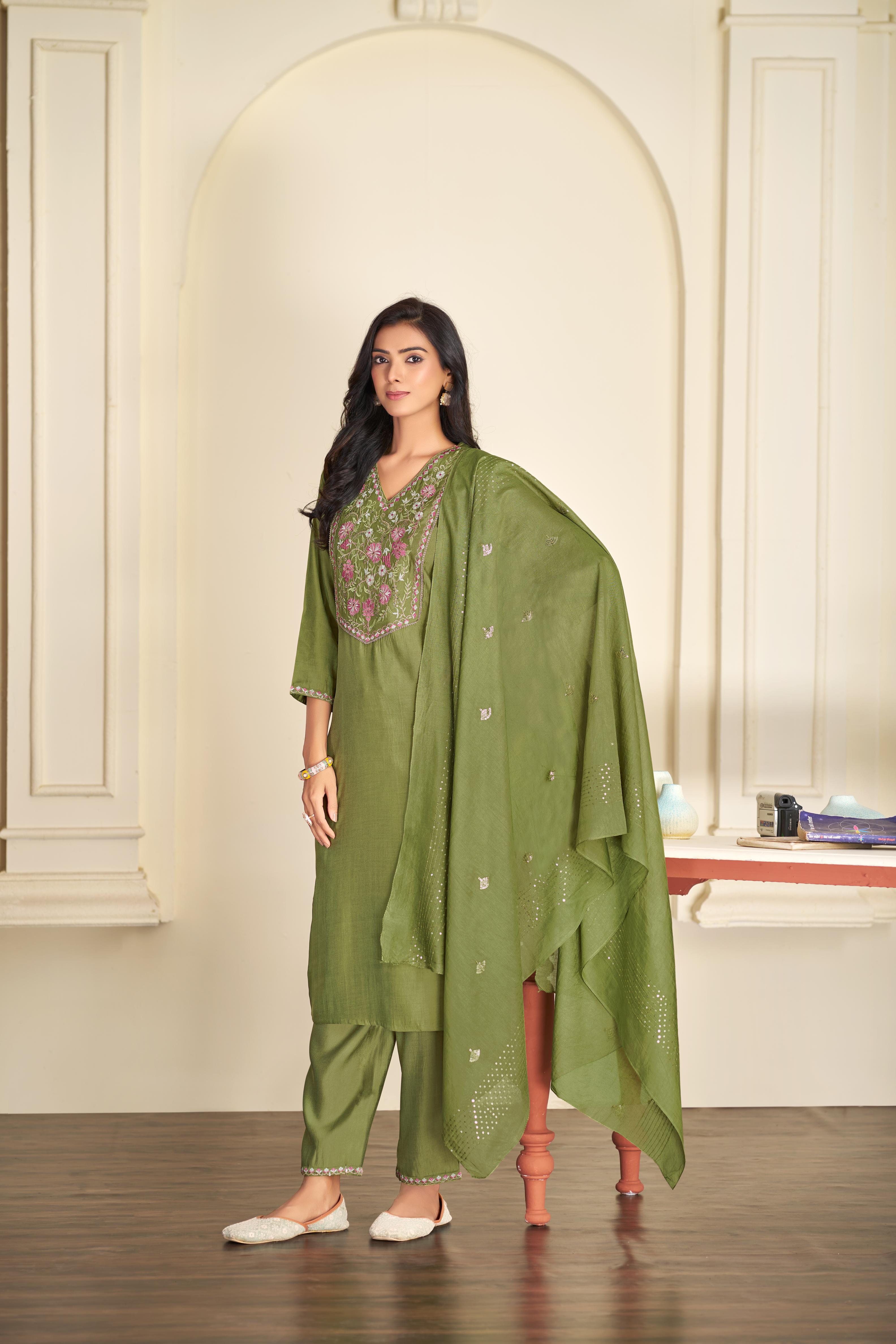 BulBul Preksha Green & Pink Embroidered Roman Silk Salwar Suit