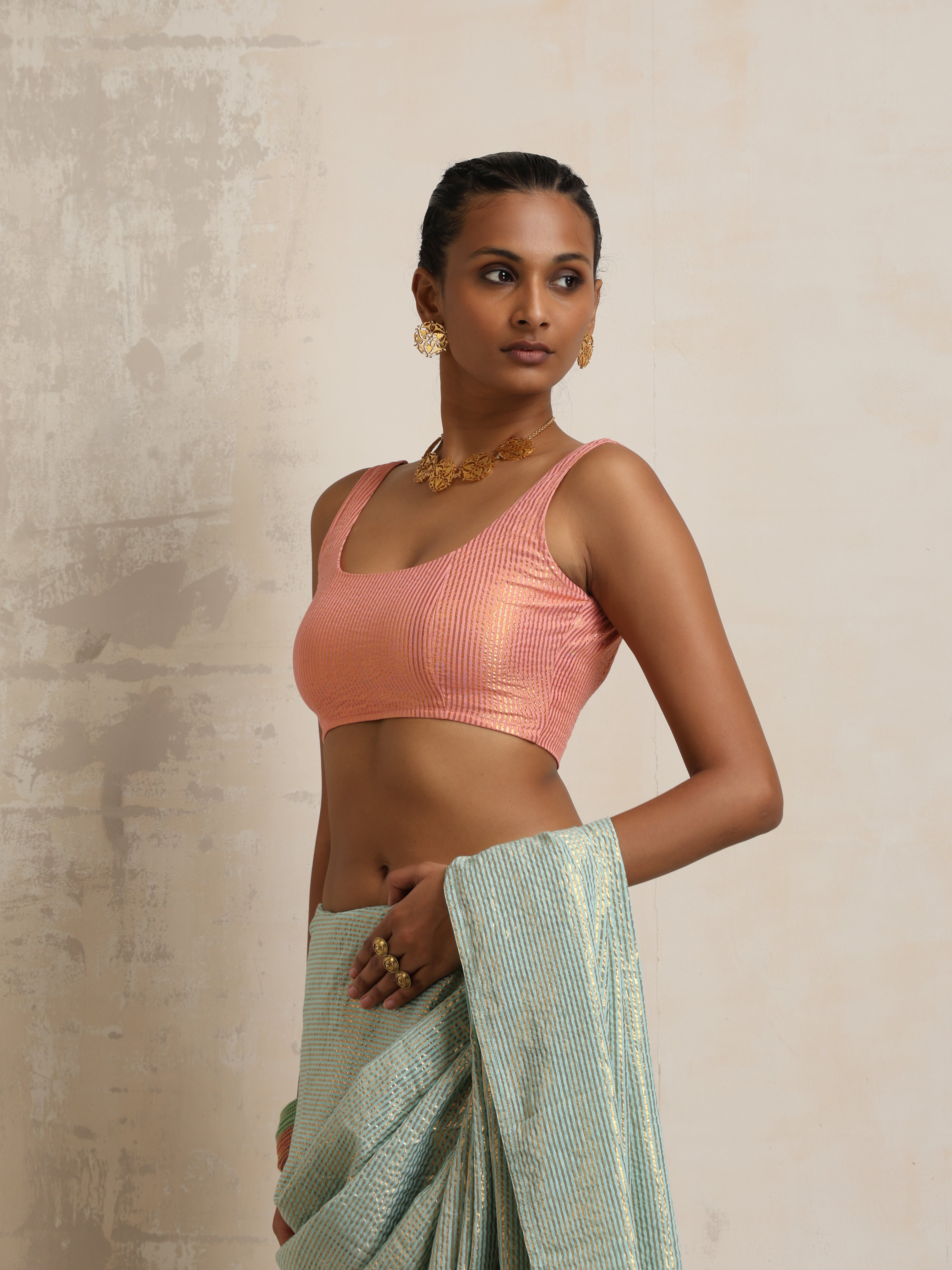 trueBrowns Peach Gold Metallic Blouse - Distacart