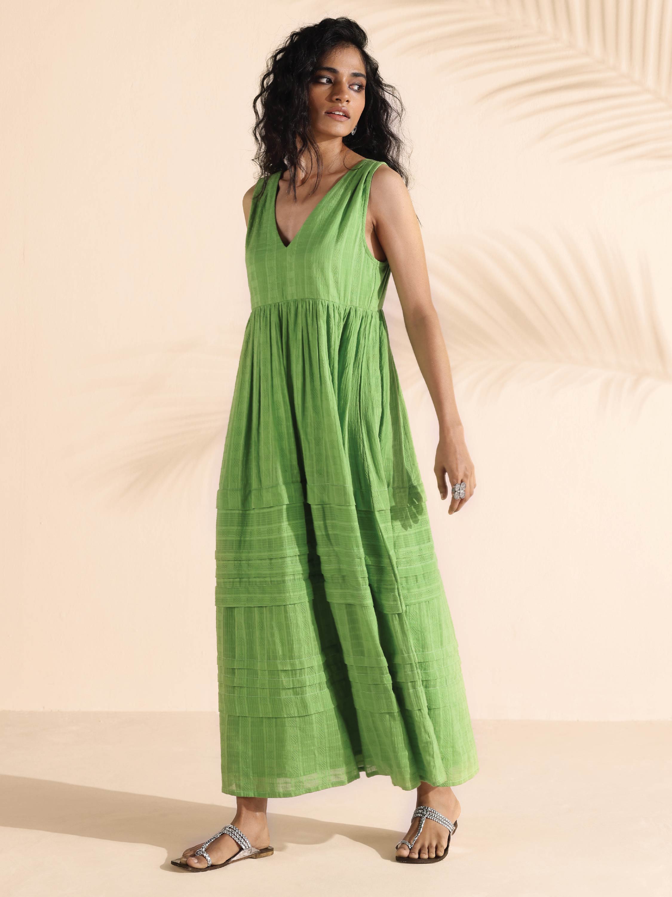 trueBrowns Green Cotton Dobby Yoke Dress - Distacart