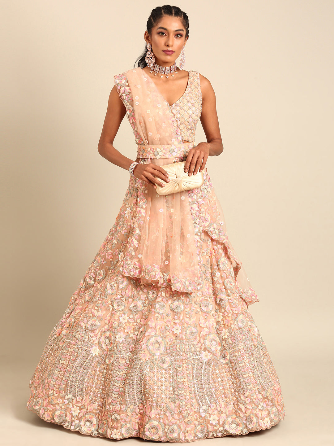House of Panchhi Peach Net Multi Sequins with heavy Zarkan embroidery Lehenga choli & Dupatta - Distacart
