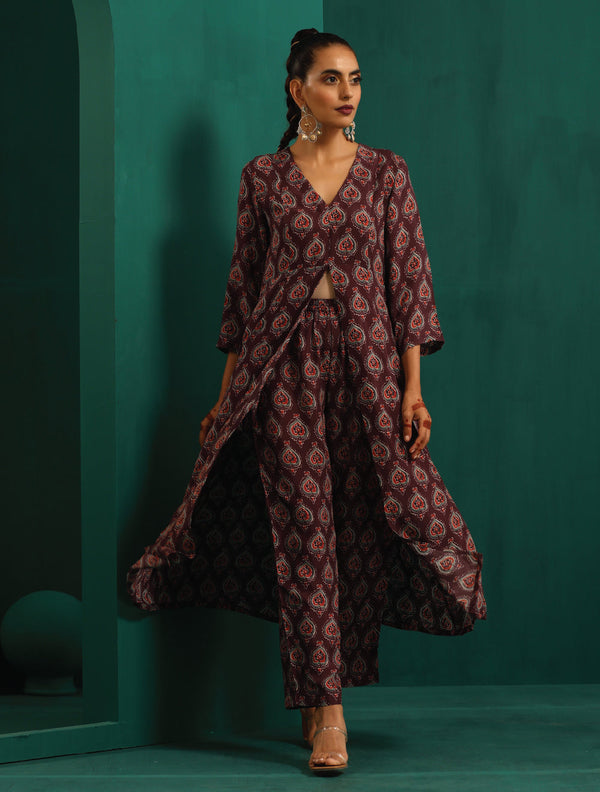 trueBrowns Deep Purple Paan Muslin Silk Printed Front Slit Kurta Pant Set - Distacart