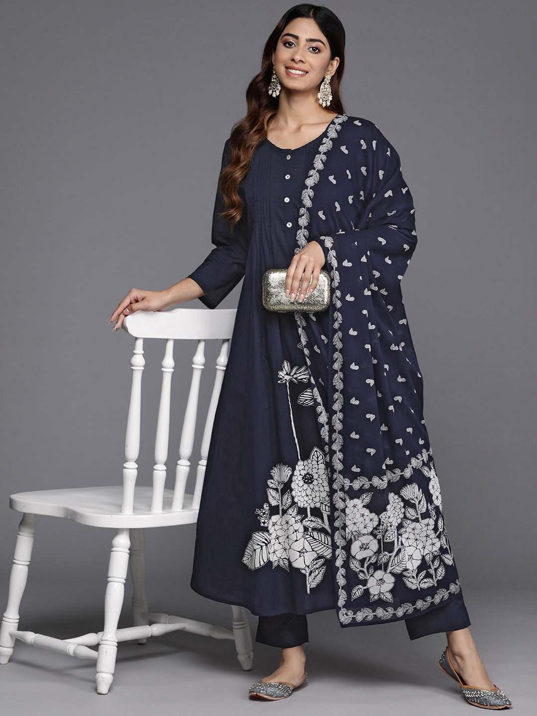 Varanga Women Blue Floral Printed Kurta With Bottom And Dupatta - Distacart