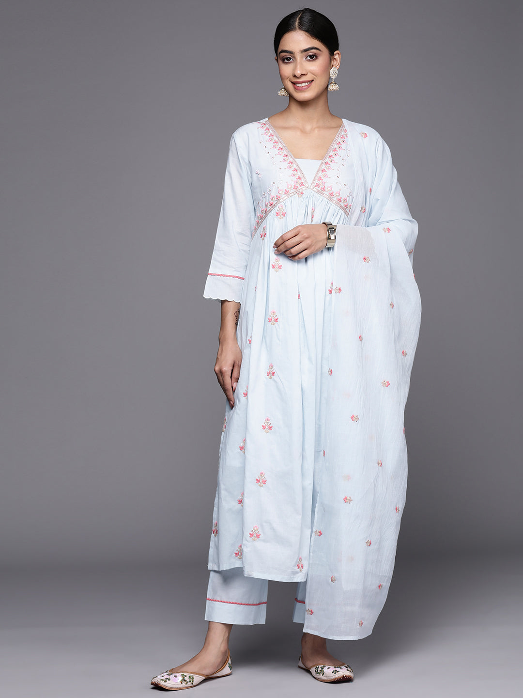 Varanga Women Blue Sequin And Thread Embroidered A-Line Kurta Paired With Tonal Bottom And Tonal Embroidered Dupatta - Distacart