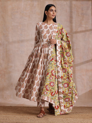 trueBrowns White With Red Yellow Buta Block Print Cotton Kurta Pant Dupatta Set - Distacart