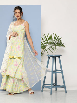 Ahalyaa Women Sea Green Floral Printed Gotta Patti Kurti with Sharara & With Dupatta - Distacart
