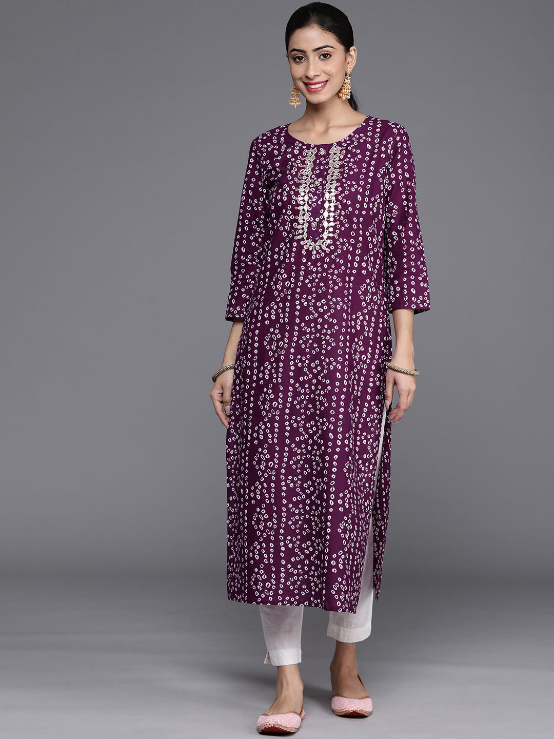 Varanga Women Purple & White Bandhani Printed Pure Cotton Kurta - Distacart