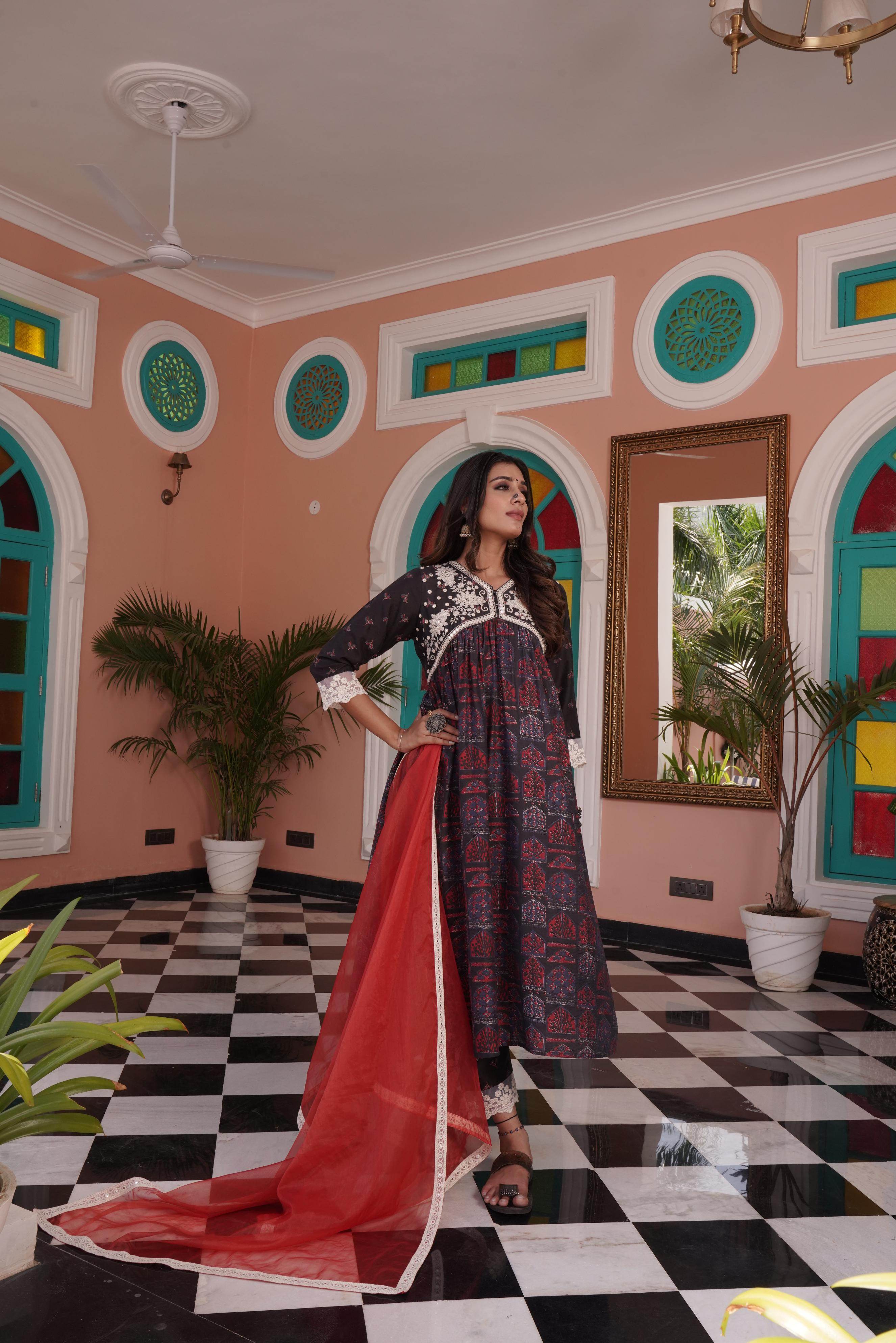 BulBul Bhumika Chanderi Red Kurta Set with Dupatta