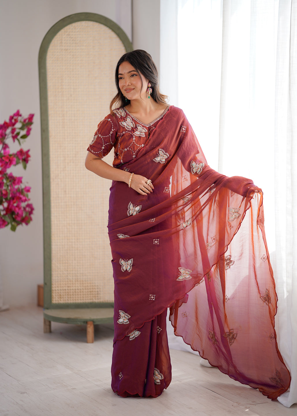 Evanik Rust Mos Silk With Handwork Butterfly Design Saree With Unstitched Blouse