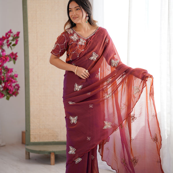 Evanik Rust Mos Silk With Handwork Butterfly Design Saree With Unstitched Blouse