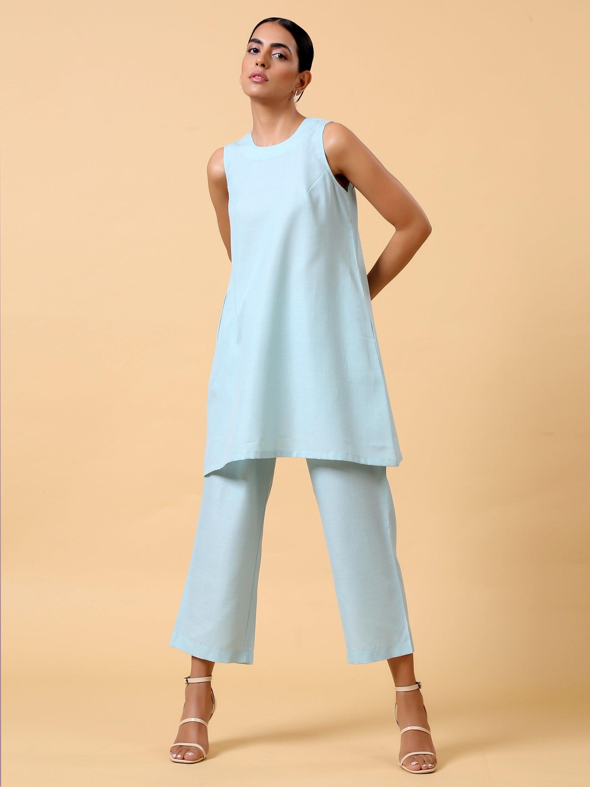 trueBrowns Cotton Linen Light Blue Sleeveless Co-Ord Set | Relove - Distacart