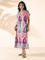 Thumbnail for trueBrowns Green Cotton Ikat Slit Dress - Distacart
