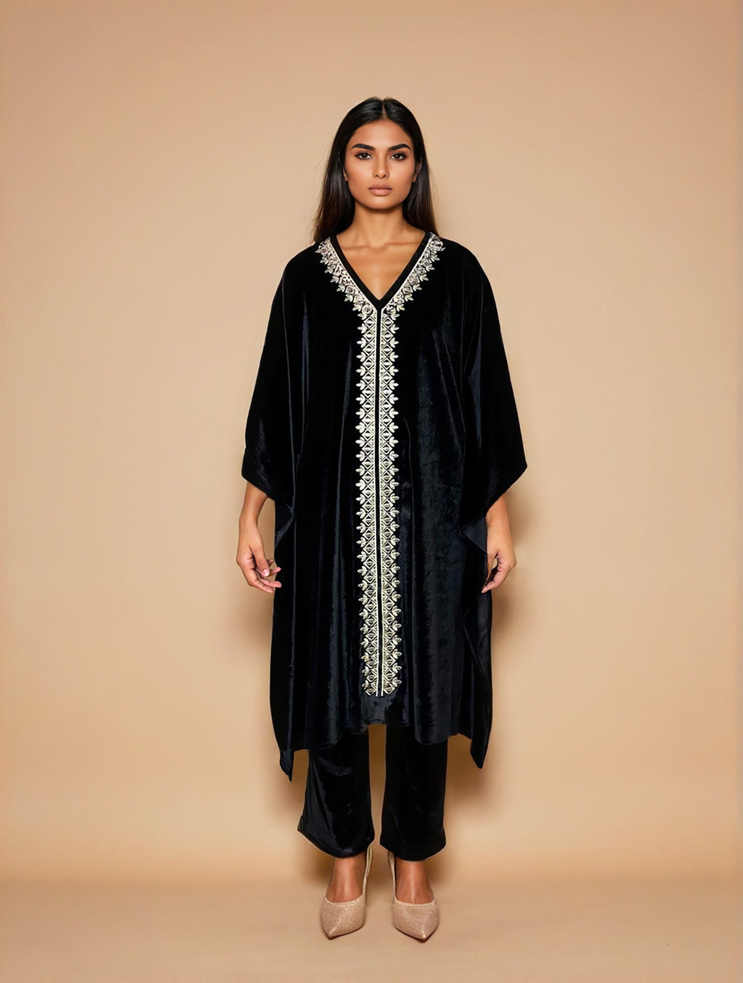 trueBrowns Black Velvet Embroidered Kaftan Kurta Set - Distacart