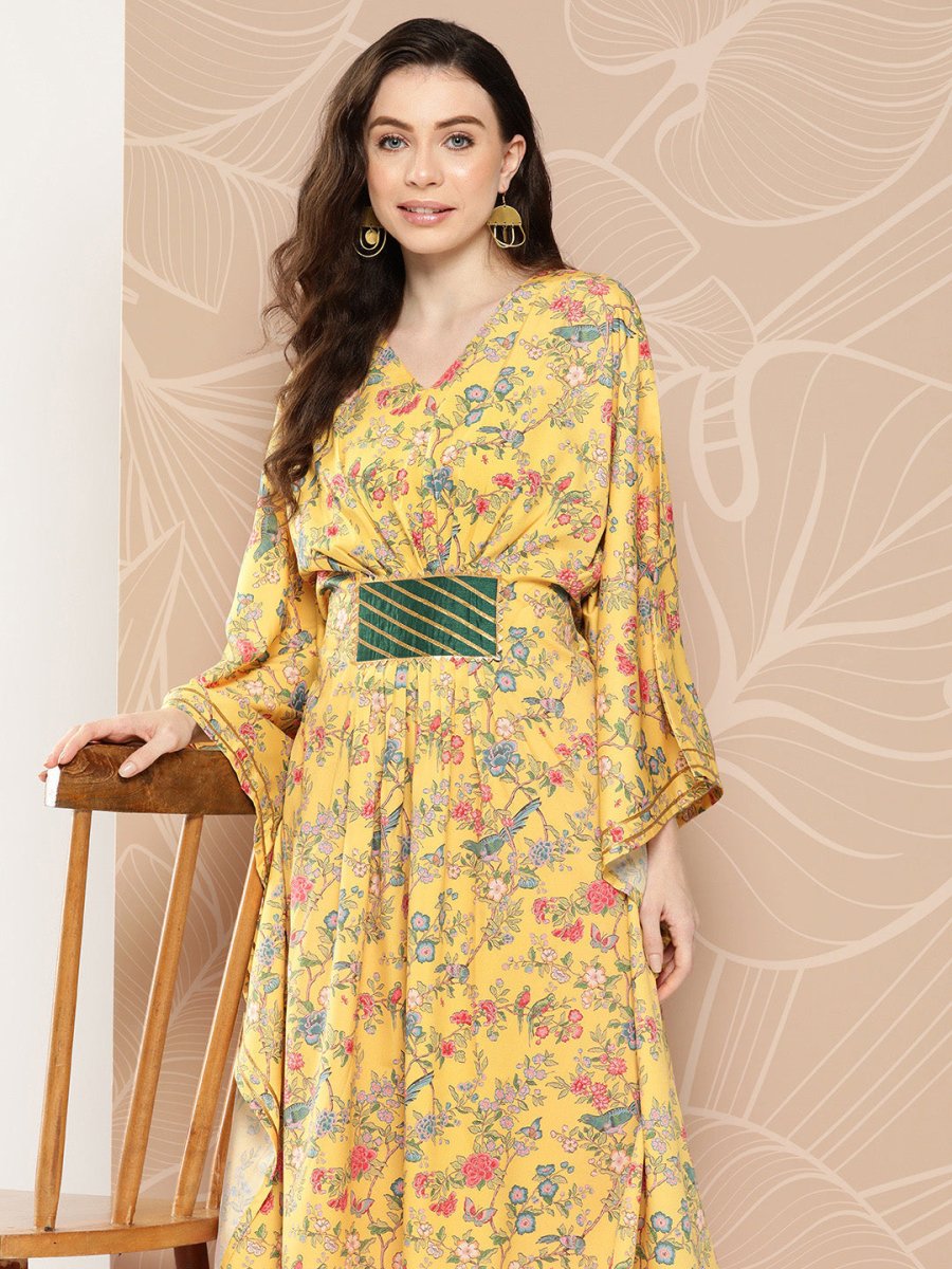 Ahalyaa Women Floral Printed Flared Sleeves Gotta Patti Floral Crepe Kaftan Kurta - Distacart