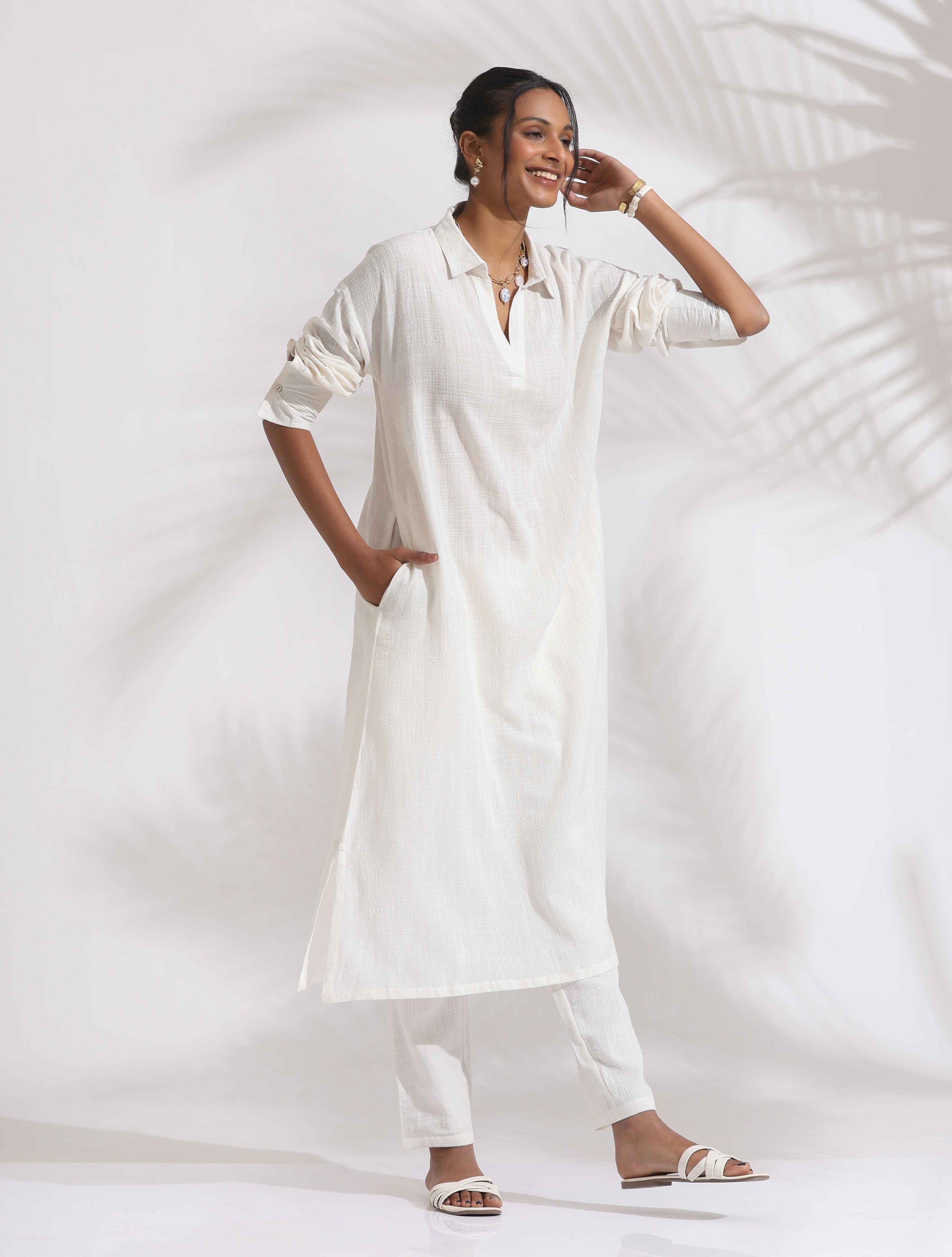 trueBrowns White Cotton A-line Kurta Set - Distacart