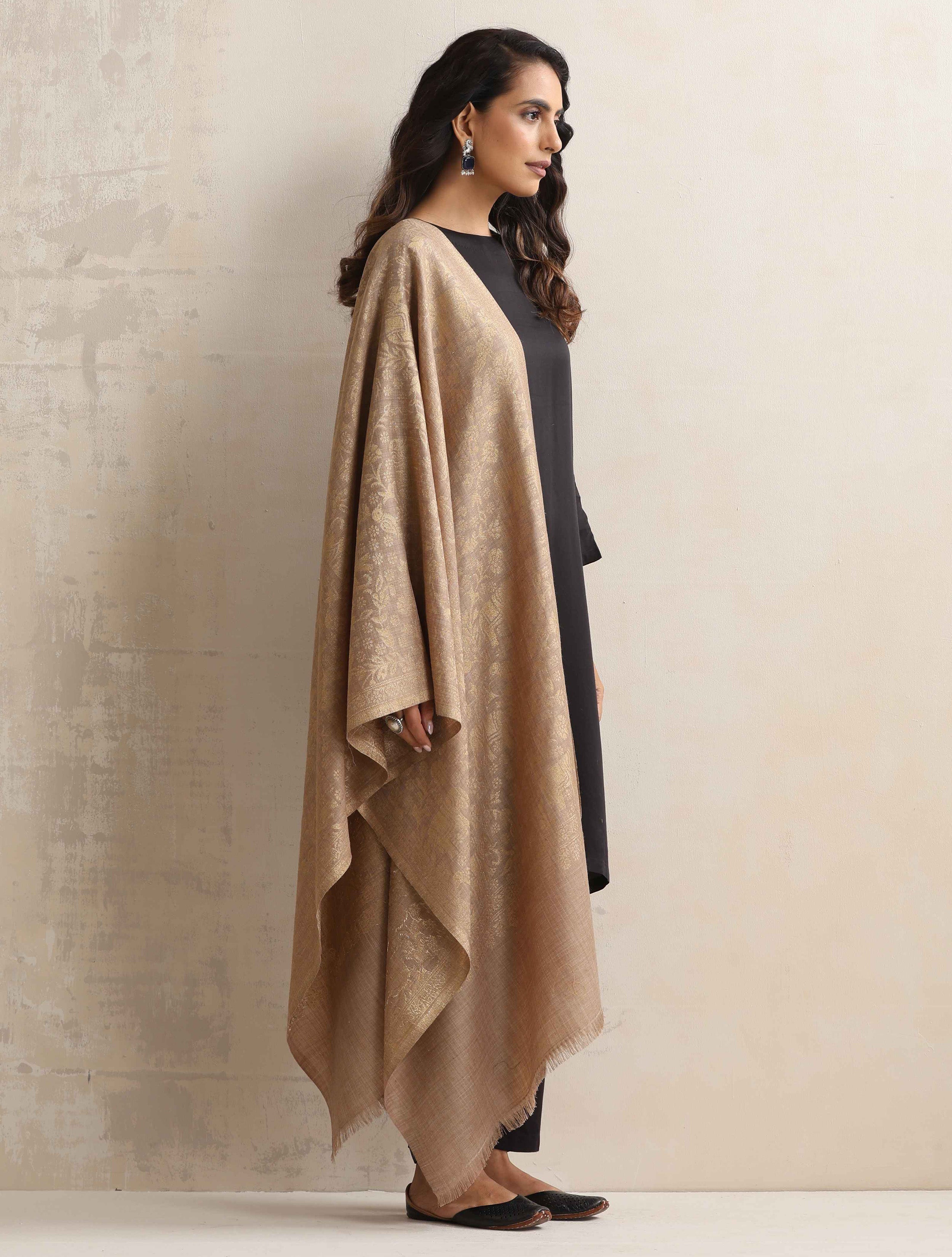 trueBrowns Brown Floral Jaal Woollen Stole - Distacart