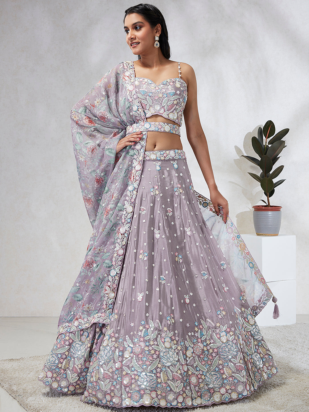 House of Panchhi Mauve Chiffon Sequins And Thread Embroidery Lehenga Choli & Dupatta - Distacart