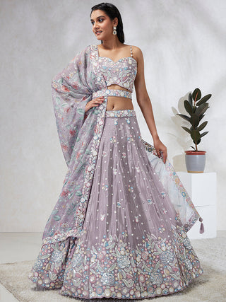 House of Panchhi Mauve Chiffon Sequins And Thread Embroidery Lehenga Choli & Dupatta - Distacart