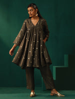 Thumbnail for trueBrowns Grey Diamond Viscose Silk Yoke Gathered Co-ord Set - Distacart