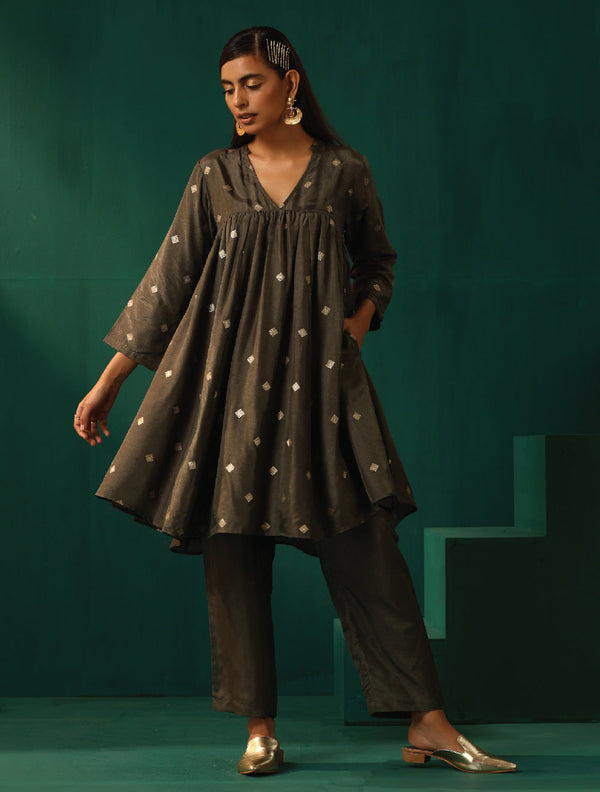 trueBrowns Grey Diamond Viscose Silk Yoke Gathered Co-ord Set - Distacart