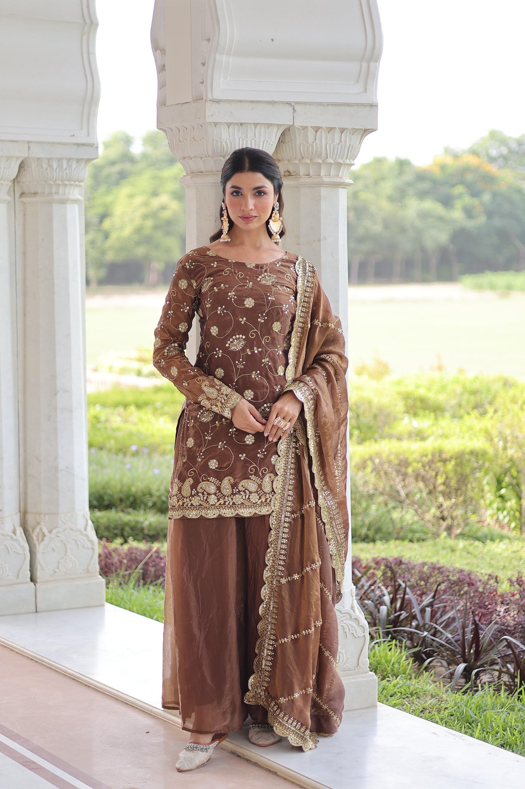 Anaita Brown Silk Readymade Suit with Embroidery & Sequins Work - Dista