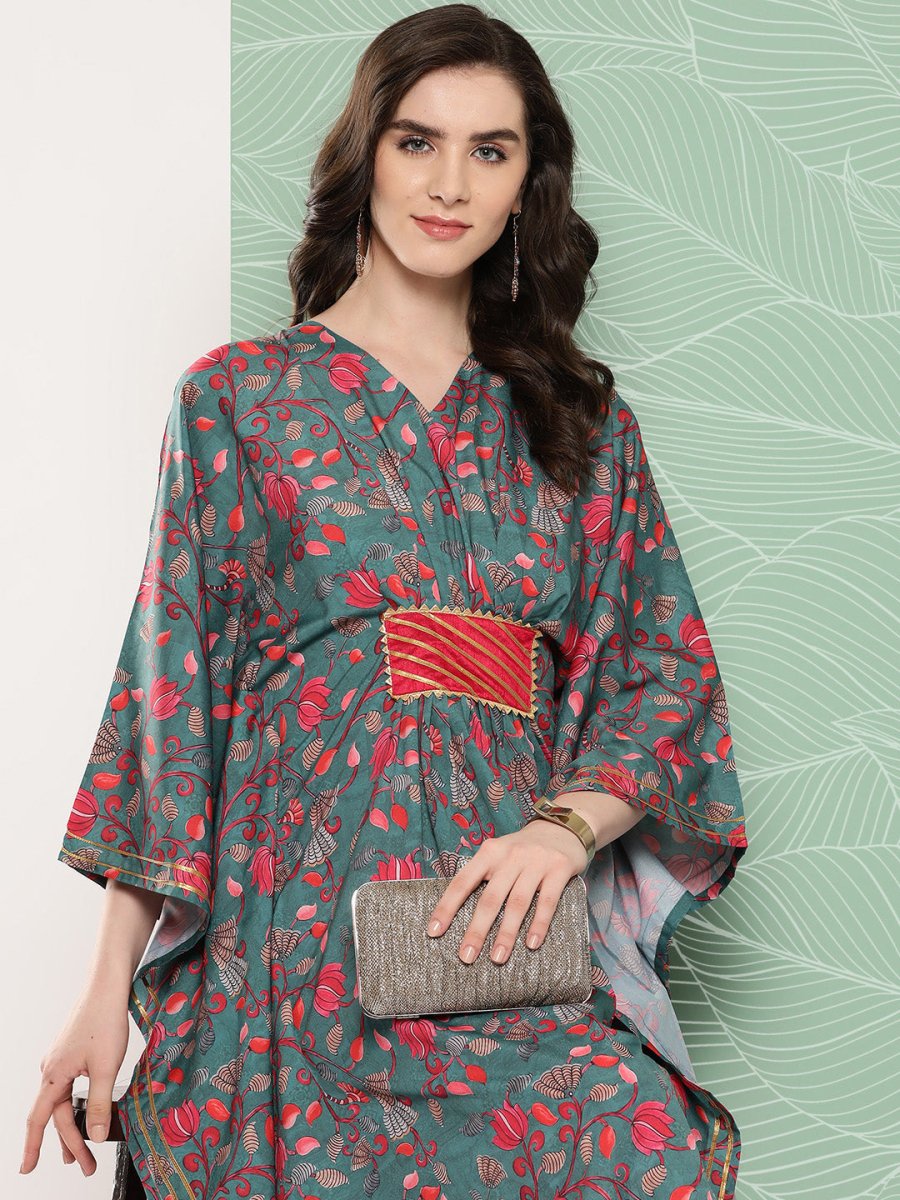Ahalyaa Women Floral Printed Flared Sleeves Gotta Patti Crepe Kaftan Kurta - Distacart