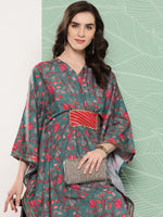 Thumbnail for Ahalyaa Women Floral Printed Flared Sleeves Gotta Patti Crepe Kaftan Kurta - Distacart