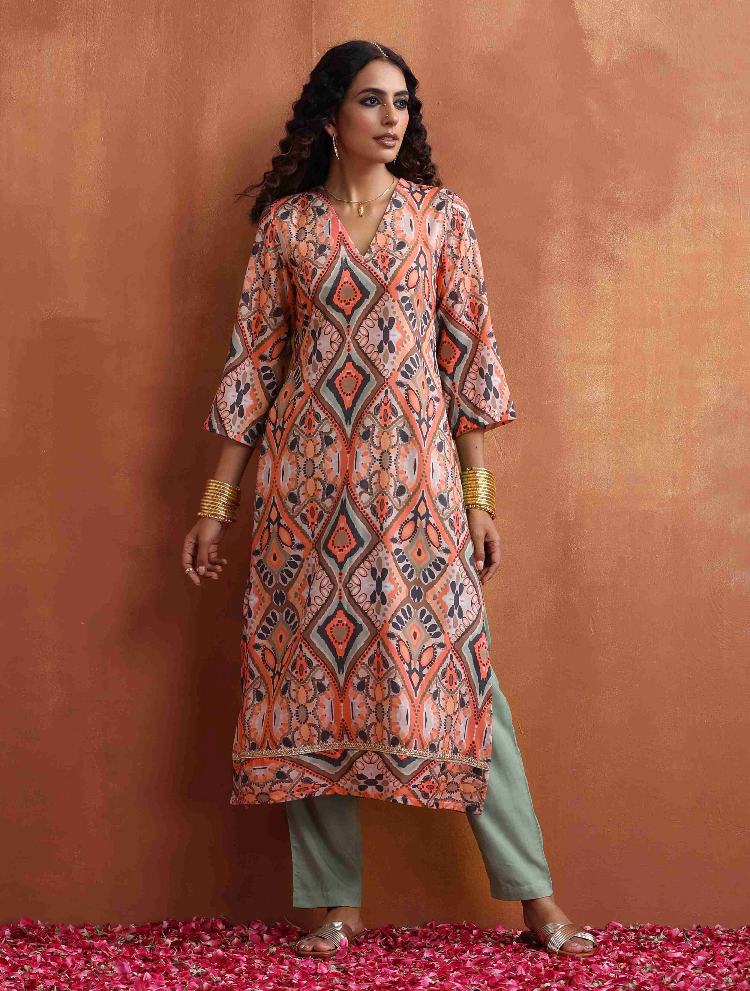 trueBrowns Beige Abstract Print Kurta Set - Distacart