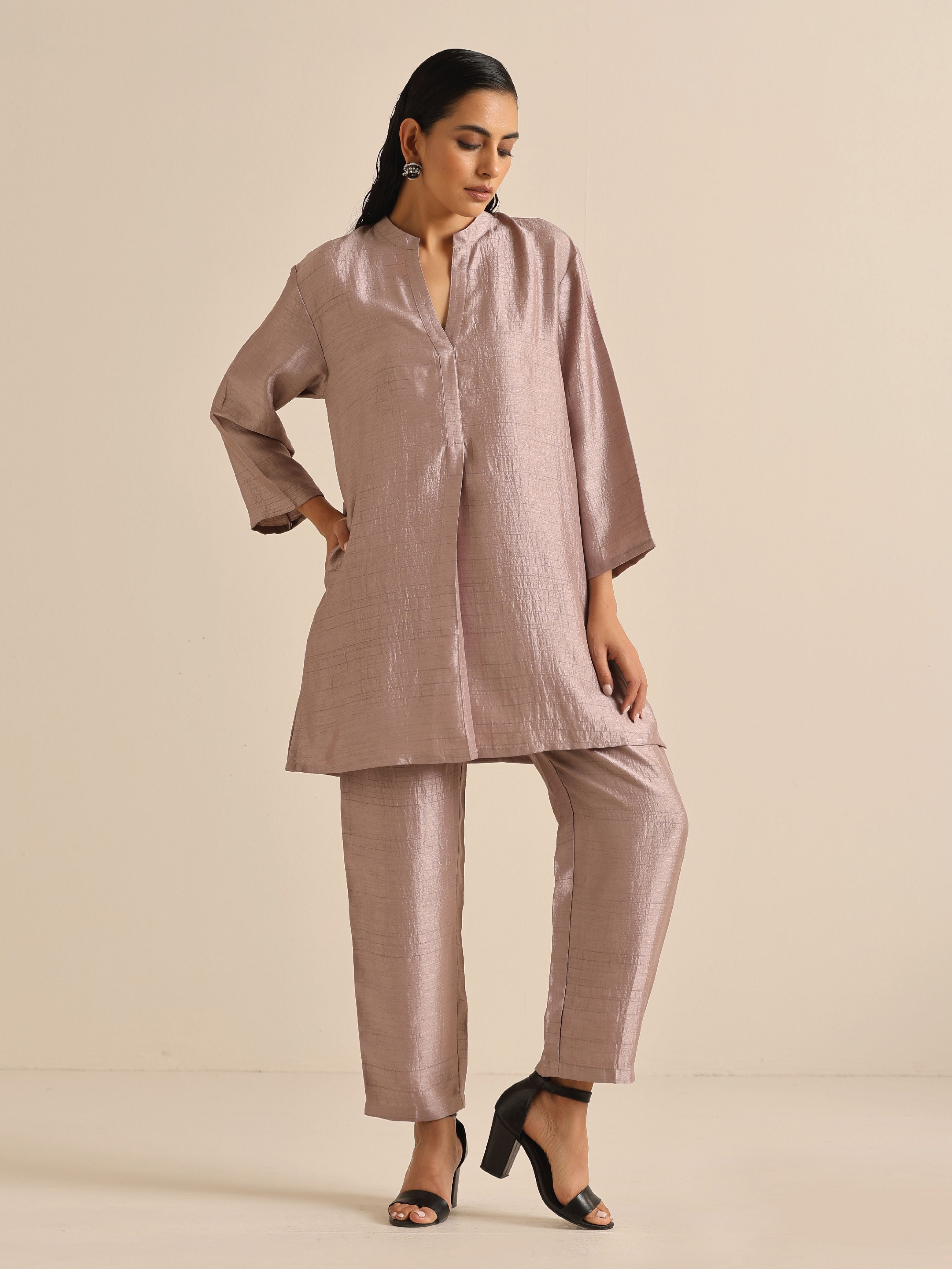 trueBrowns Grey Silk Texture Relaxed Co-Ord Set - Distacart