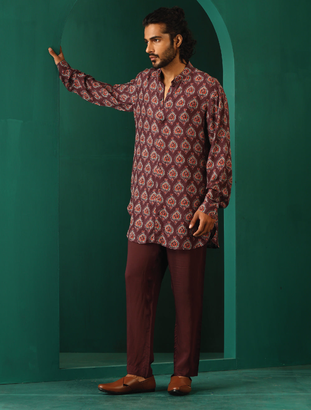 trueBrowns Men's Deep Purple Paan Muslin Silk Printed Co-ord Set - Distacart