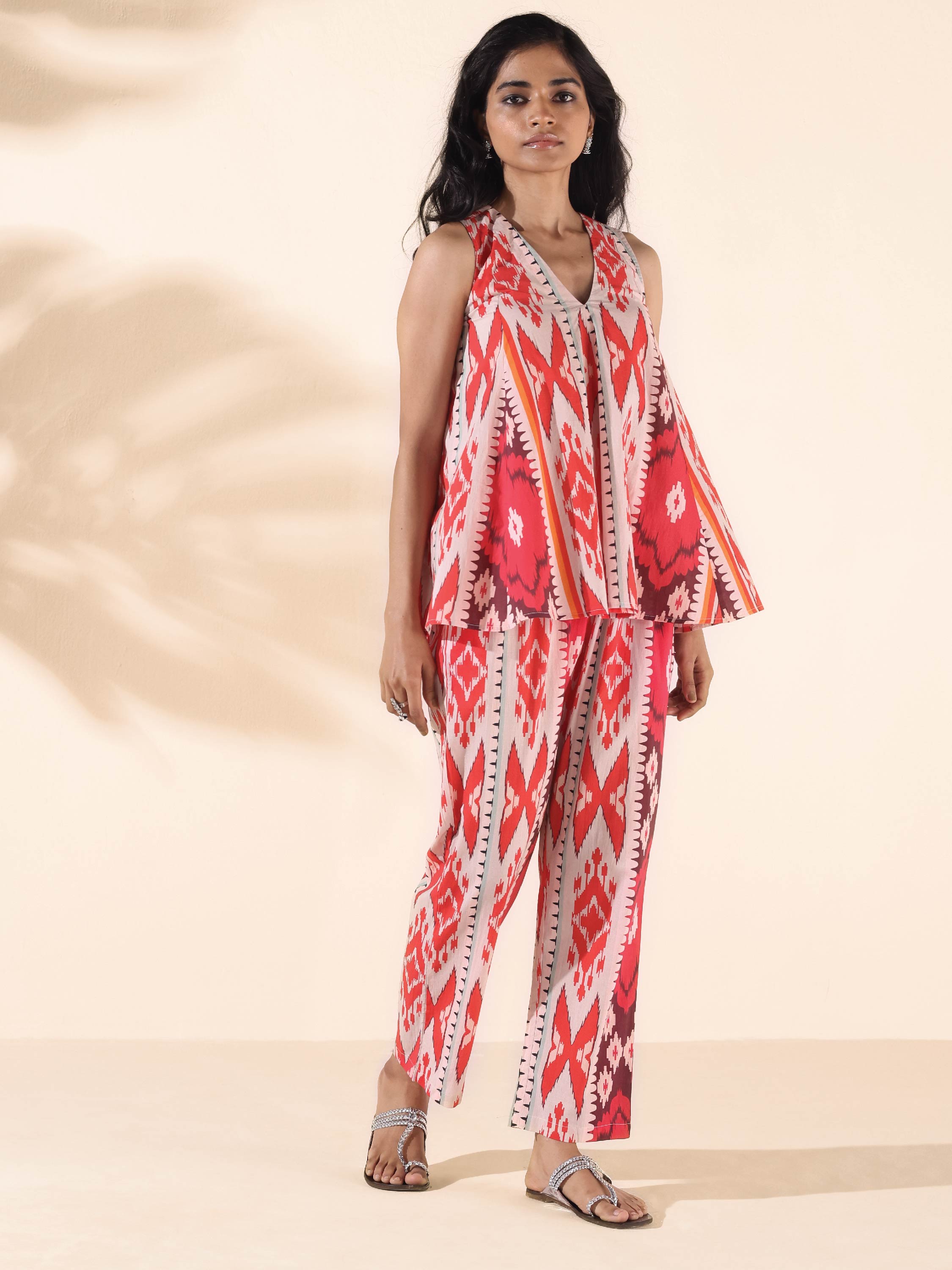 trueBrowns Maroon Cotton Ikat Flared Co-ord Set - Distacart