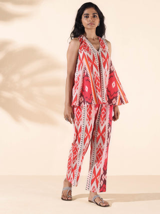 trueBrowns Maroon Cotton Ikat Flared Co-ord Set - Distacart