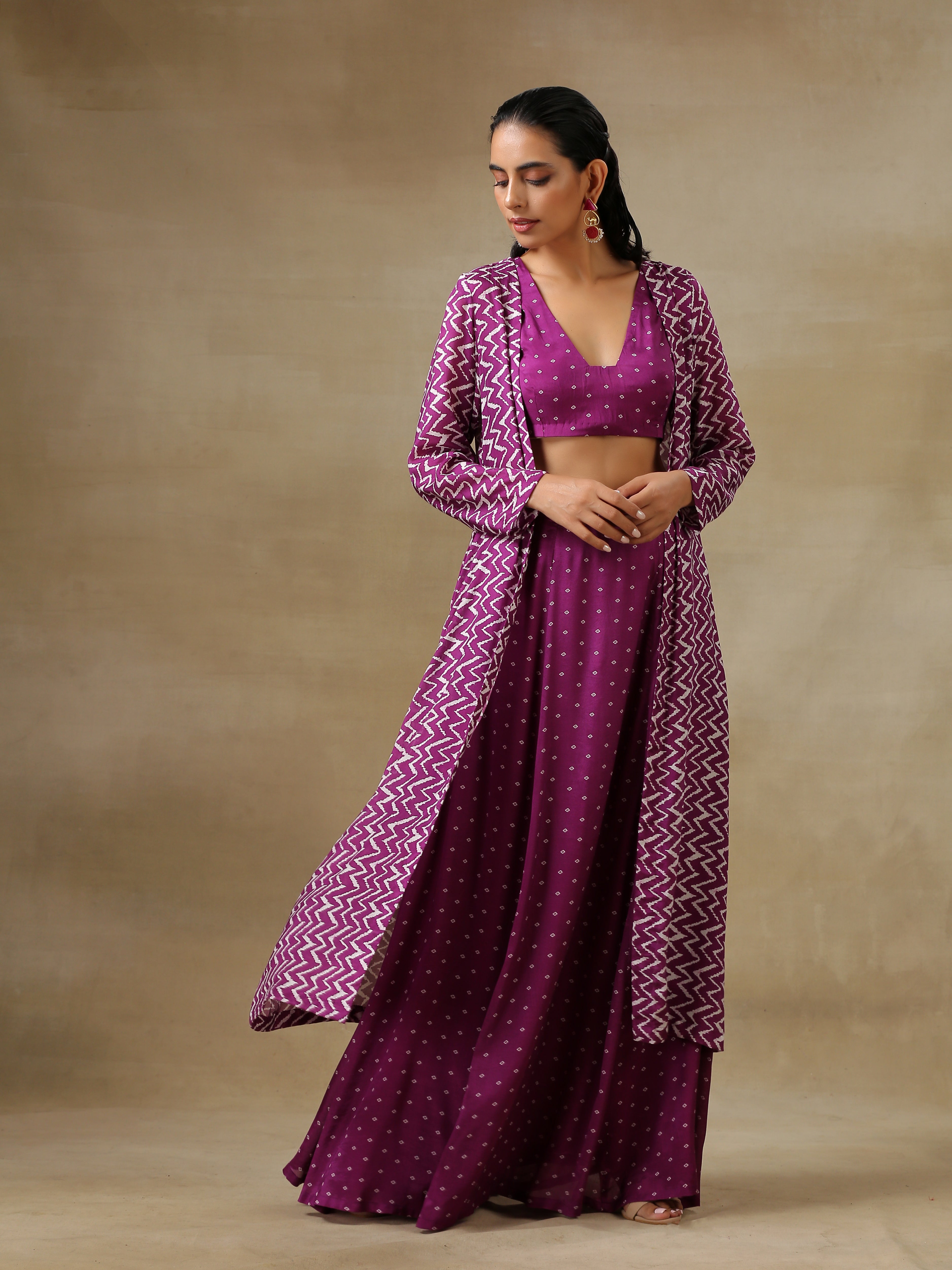 trueBrowns Purple Bandhani Printed Silk Top Skirt Jacket Set - Distacart