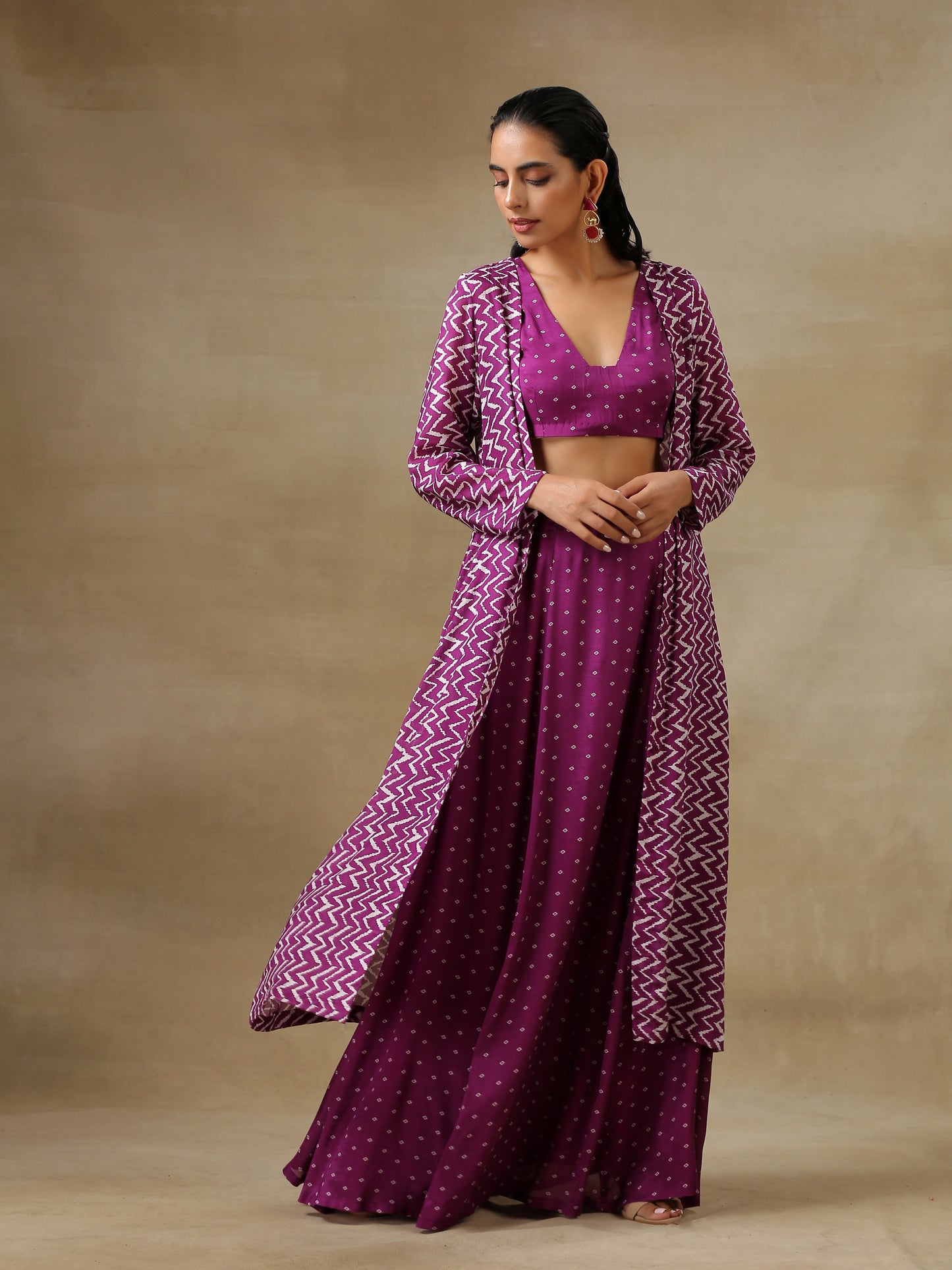 trueBrowns Purple Bandhani Printed Silk Top Skirt Jacket Set - Distacart