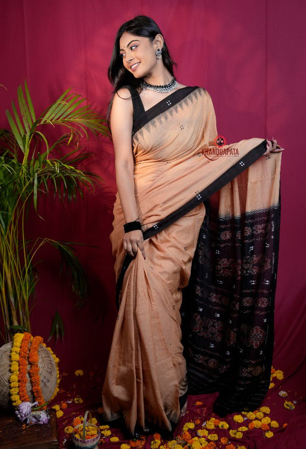 khanduapata Beige & Black Dot Design Cotton Saree For Women